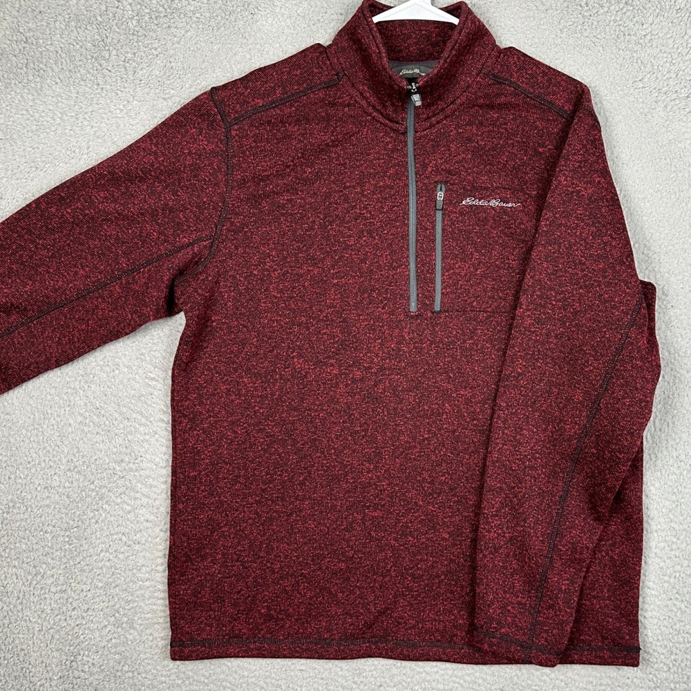 Eddie Bauer Sweater Mens XL Quarter Zip Burgundy Marled Chest Pocket Pullover